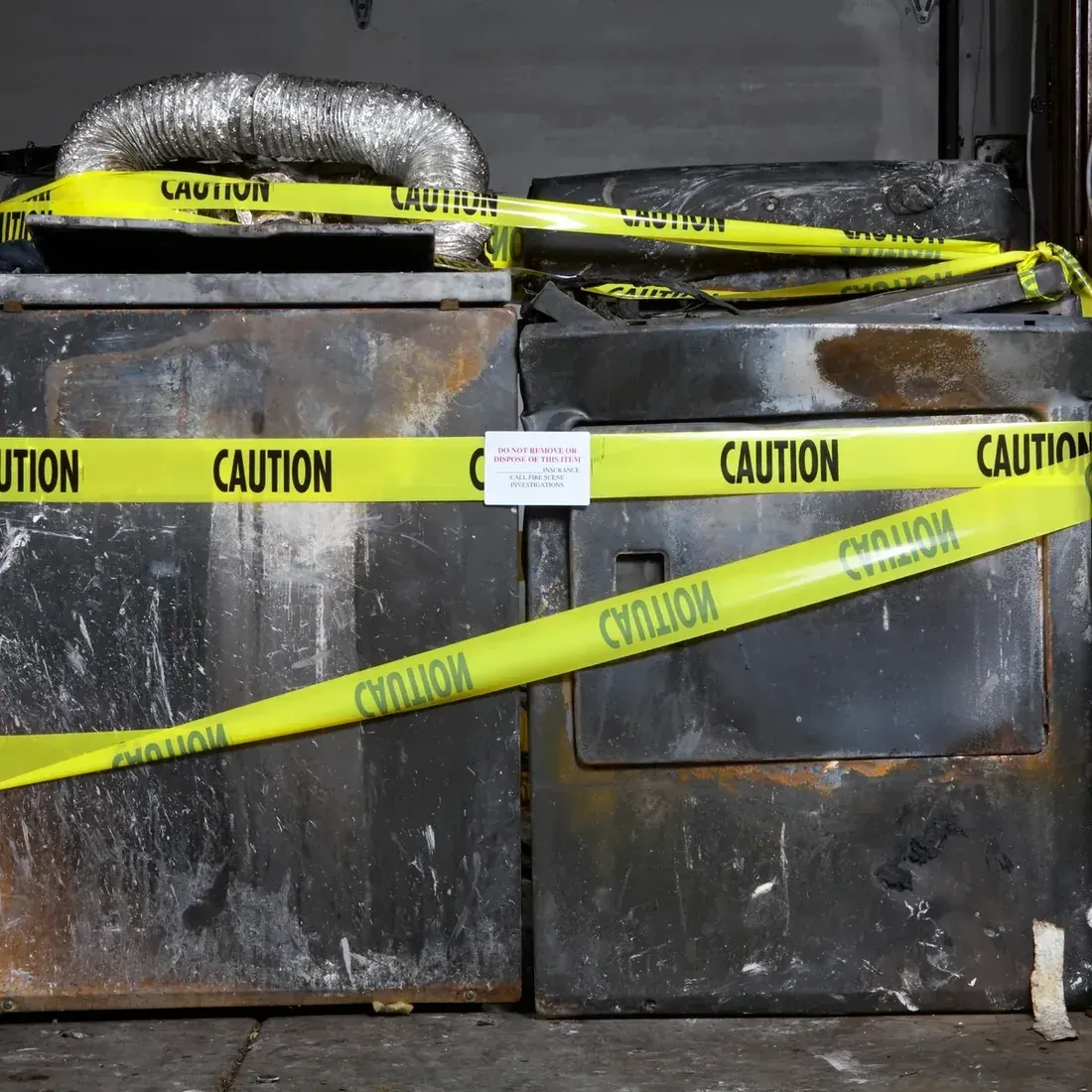 Burned out washer and dryer taped off with caution tape after a laundry fire