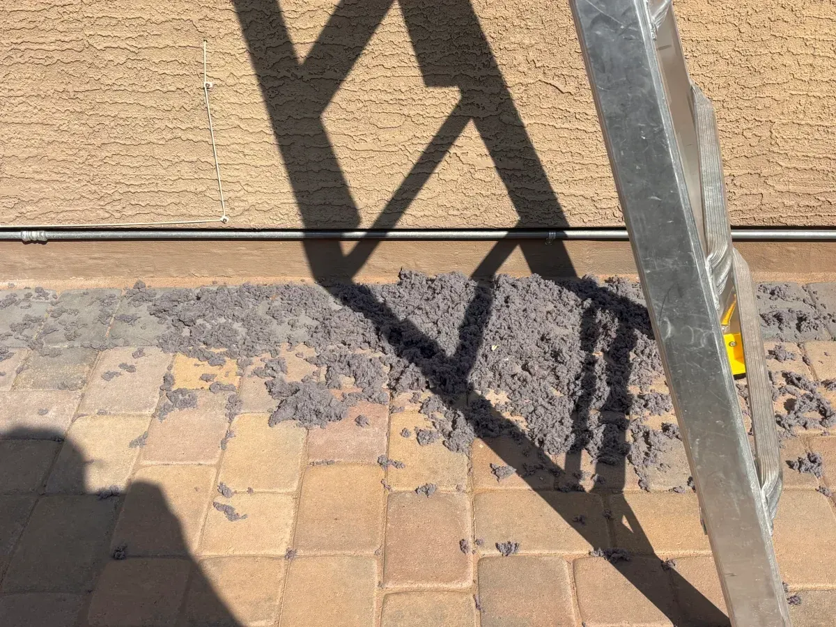 Pile of dryer lint on paver walkway beside an Arizona stucco wall
